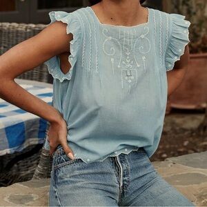 Doen Light Blue Blouse with White Embroidery